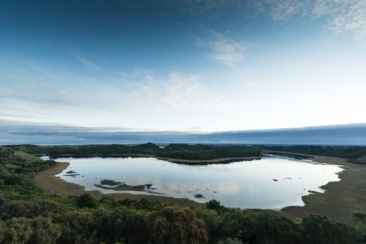 Ausblick von Gerrard's Lookout at Tower Hill Wildlife Reserve, Victoria