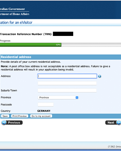 Antragstellung für ein eVisitor Visa Subclass 651 Step5