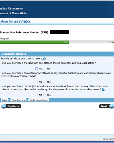 Antragstellung für ein eVisitor Visa Subclass 651 Step6