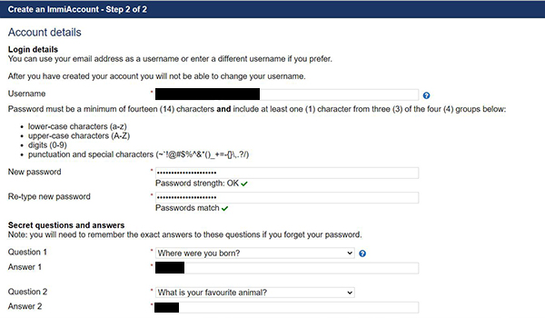 Persönliche Daten zur Erstellung eines Immi Accounts zur Visa Beantragung 